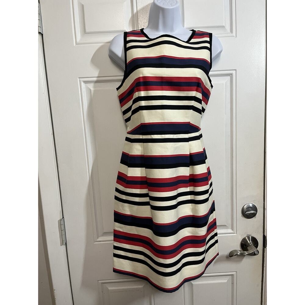 Sleeveless Striped Sheath Dress in Cream, Navy, Black, & Red